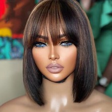 Short Bob Human Hair Highlight Wigs with Bangs Ombre 1B/30 Full Machined Made