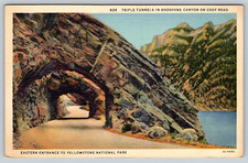 c1940s Triple Tunnels Shoshone Canyon Cody Road Yellowstone Vintage Postcard