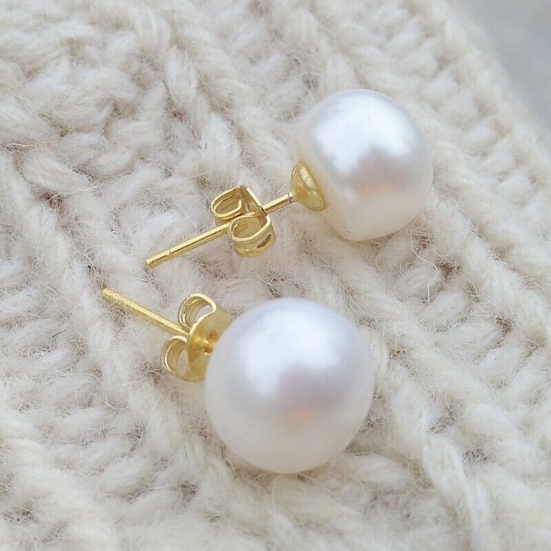 Huge 10-11mm AAAA White South Sea Natural Pearl Earrings Stud 14k Gold