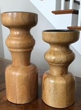 PAIR Modern Minimalist Turned Wood Pedestal Candle Holders NEW 