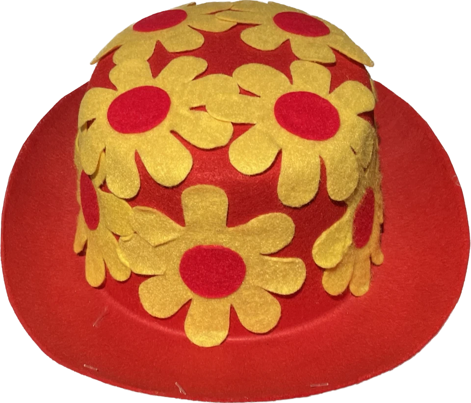 RED CLOWN DAISY DERBY HAT Costume Cap Funny Adult Bowler Yellow Flowers Mime NEW - Image 4 of 4