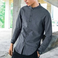 Hommes Ethnique Chemise Coton Lin Uni Chinois Kung Fu Haut Frog Bouton Rétro