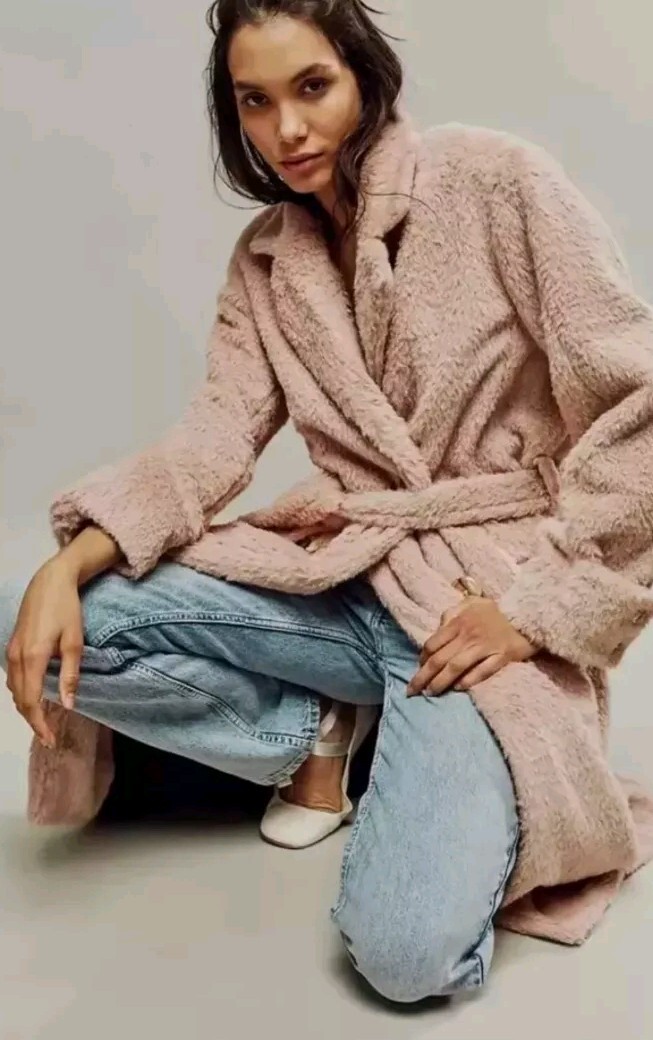 Free People Cuff it Coat Pink Teddy Faux Fur Trench Coat Jacket NWOT Size Large