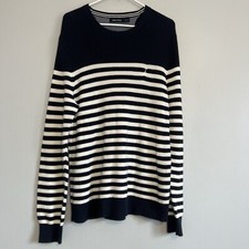 Nautica Mens Cotton Navy Blue White Striped Crew Neck Sweater Sz M Minimalist