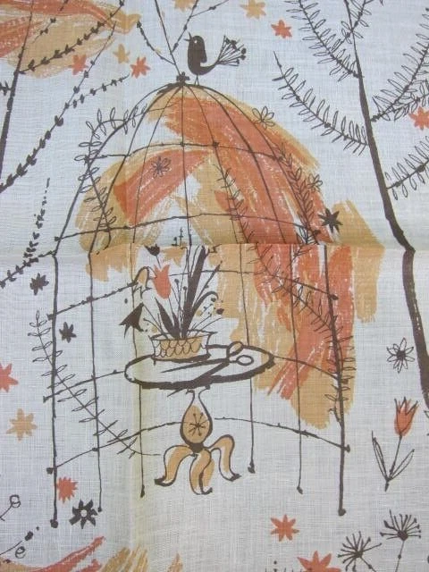 NOS 1950 年代 Jeanne Miller Kimball 亚麻汉基 ~ 鸟类、树木、桌子、花朵 #1 — 第 2/3 张图片