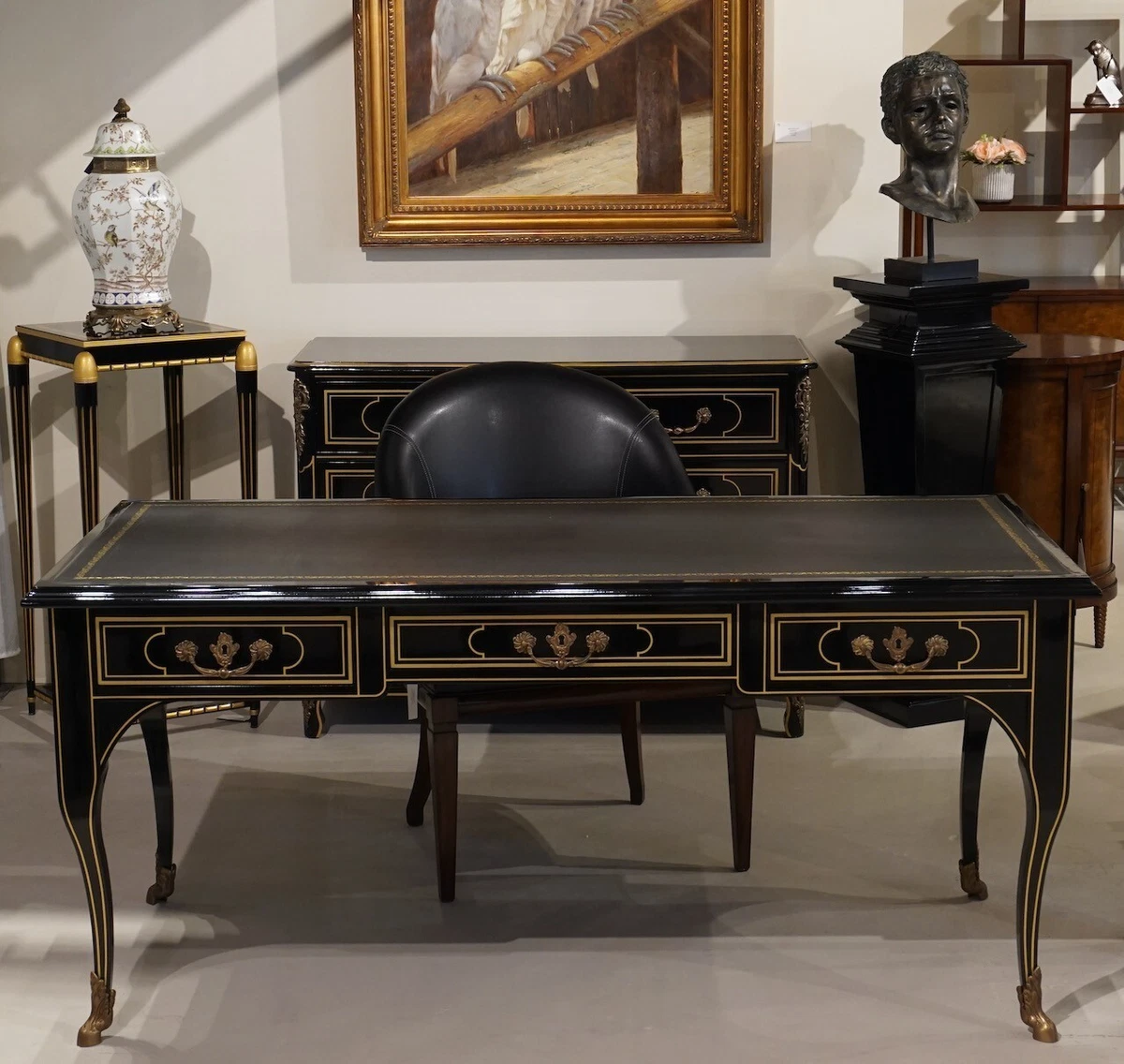 Stunning Louis XV Executive Writing Desk Black and Gold with