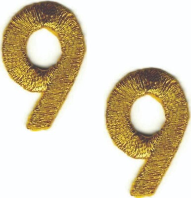Metallic Gold Number 9 Patch Embroidered Cut out Iron on Block (1'' in) Lot of 2
