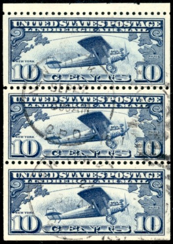 USA 1927 Lindbergh's Airplane 10c Booklet Pane of 3, Used