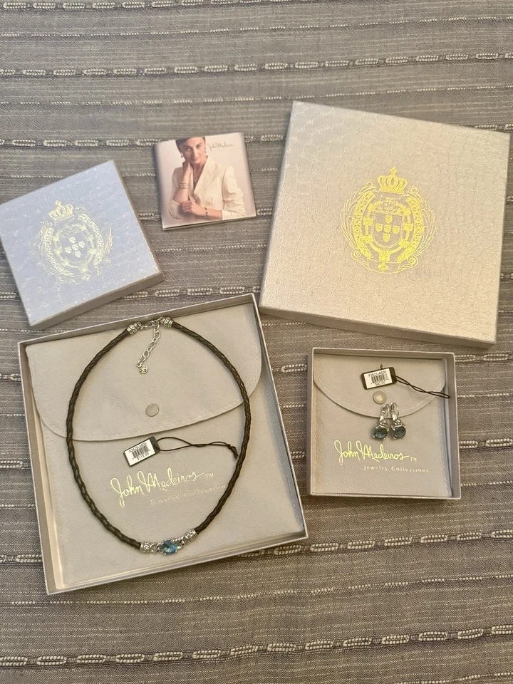 NUEVO Conjunto de Joyería de Colección John Medeiros Collar Pendientes Piedra Aqua Cuero Negro Foto 2 de 4