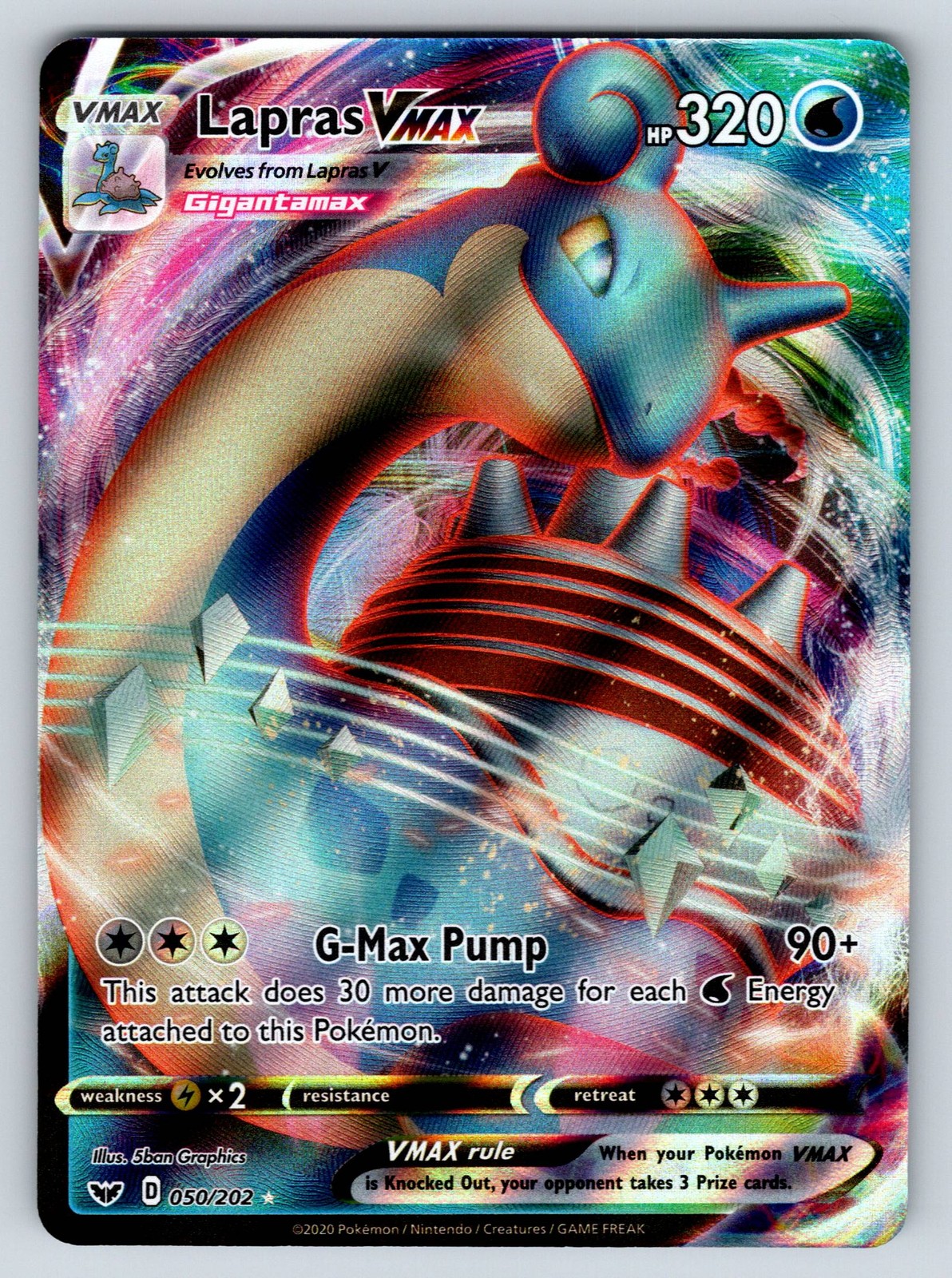 Holofoil Lapras VMAX 050/202 SWSH01: Sword & Shield Base Set NM
