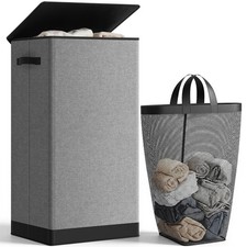 SOLEDI Laundry Hamper with Lid 100L Large & Tall Collapsible 100L, Grey