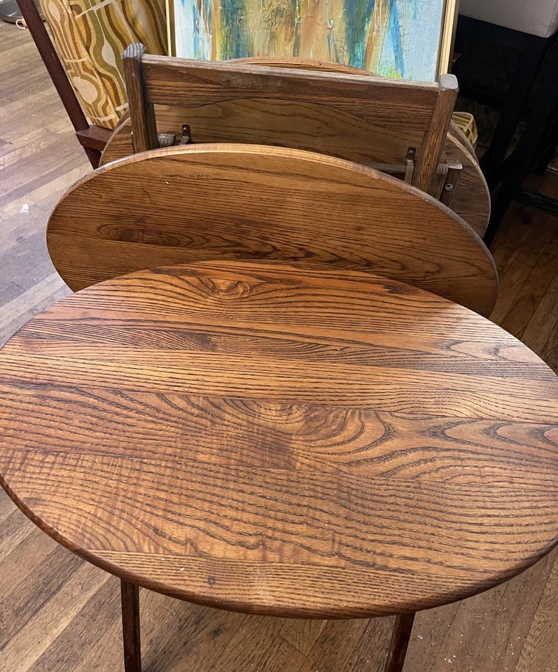 Bandejas de TV plegables vintage ovaladas de madera de roble con soporte de estante juego de 5 piezas 25 x 23 x 16 pulgadas Foto 2 de 4