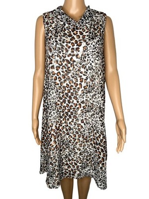 Sharagano Leopard Print Chiffon Dress Womens 14 Mock Neck Sleeveless A-Line