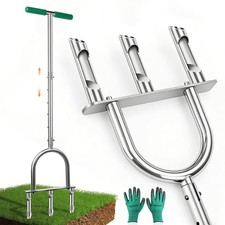 Manual Lawn Aerator Tool with 3 Hollow Tines, Adjustable Height Stainless Ste...