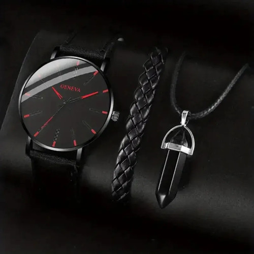 Luxury Men's Quartz Watch Set with Leather Bracelet and Necklace Accessories
