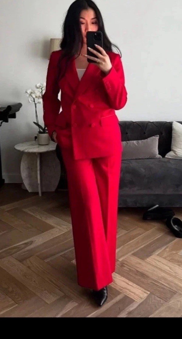 ZARA WOMAN DOUBLE BREASTED BUTTONED BLAZER BRIGHT RED & Trousers Size XS Co Ord thumbnail 2