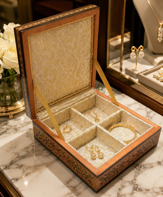 Wood Inlay Square Jewelry Box Hinged Lid Fabric Lined Brown Gold