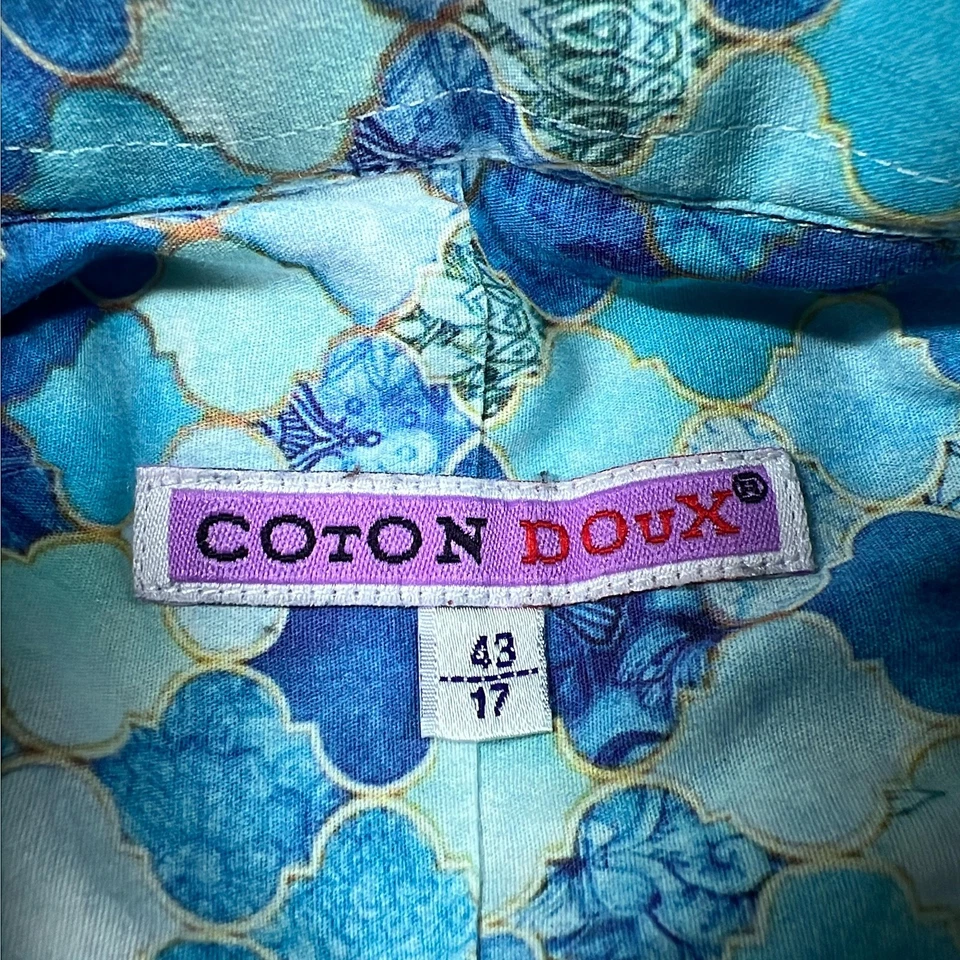 Camisa Coton Doux Para Hombre 17 Azul Estampado Geométrico Manga Larga Botón Delantero Foto 4 de 4