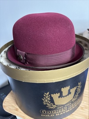 Goorin Bros XL Maroon Wool Bowler Hat & Hat Box