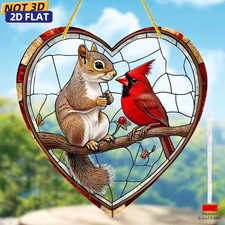 2D Flat  Acrylic Squirrel & Cardinal Hanging Sun catcher 6" Heart Shape