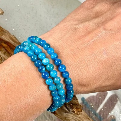 Blue Apatite Stretch Bracelet Natural 6mm Round Bead Healing Reiki Crystal Gifts