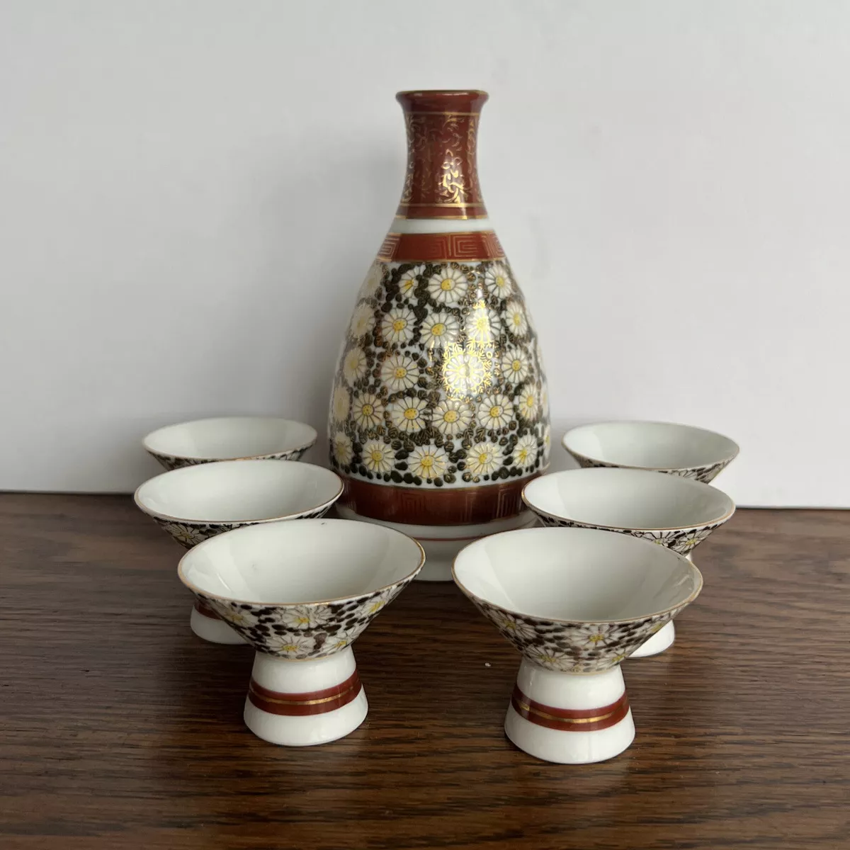 Vintage Sake Set Of 7 Gold Rimmed Floral Porcelain Moriage Flowers Japan |  eBay