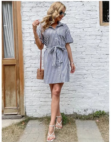 Vestido Mujer Corto Elegante Suave Gris Rayas Bohoo Elegante 66795 - Imagen 5 de 7