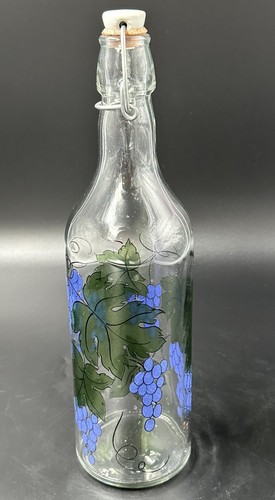 Hand Painted Clear Glass Bottle with Grapes and Leaves with Stopper 13 in Tall - Picture 2 of 6