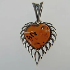 Natural, Cognac / Brown BALTIC AMBER Heart Pendant 925 STERLING SILVER #2205