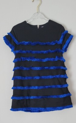 NWT NEW Balmain Girls black dress with royal blue striped fringes 6y 6K1131