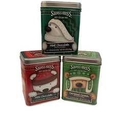 Vtg Holiday Swiss Miss Hot Cocoa Mix Tin Boxes Milk Chocolate Caramel Cream Mint