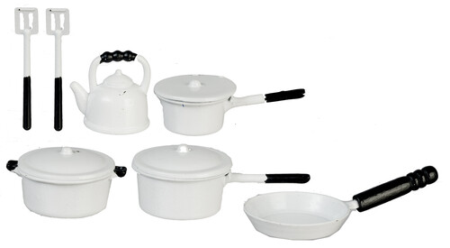 Dolls House White Pan Set Kettle & Utensils Kitchen Items Miniature 1:12th Scale