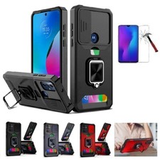 For Motorola Moto G Play 2023, Card Ring Stand Hybrid Case Cover Tempered Glass