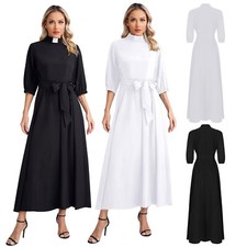Womens Minister Elegant Church Clergy Maxi Dress with Tab Collar Belt Outfits