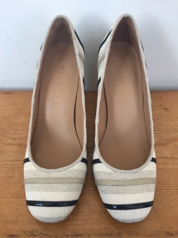 Zapatos de salón Talbots beige negro a rayas de lino punta redonda tacón alto para mujer 5,5 M 35,5 Foto 3 de 4