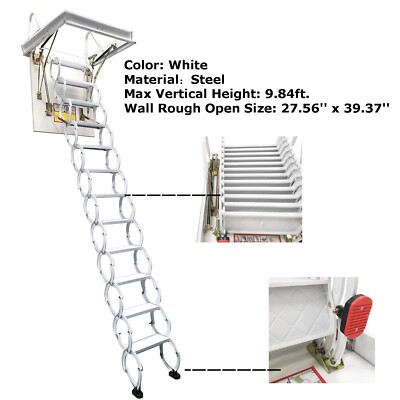 9.84Ft White Steel Attic Pull Down Ceiling Ladder Stairs Open Size 27.56x39.37''