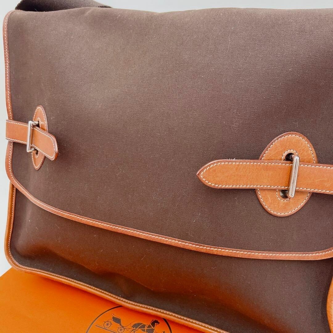 HERMES Buena Ventura GM Brown Canvas Shoulder Bag Leather Rare 
