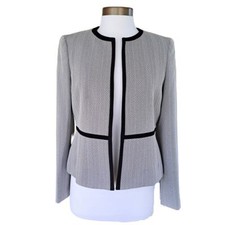 Kasper Collarless Blazer Jacket Black White Herringbone Size 4