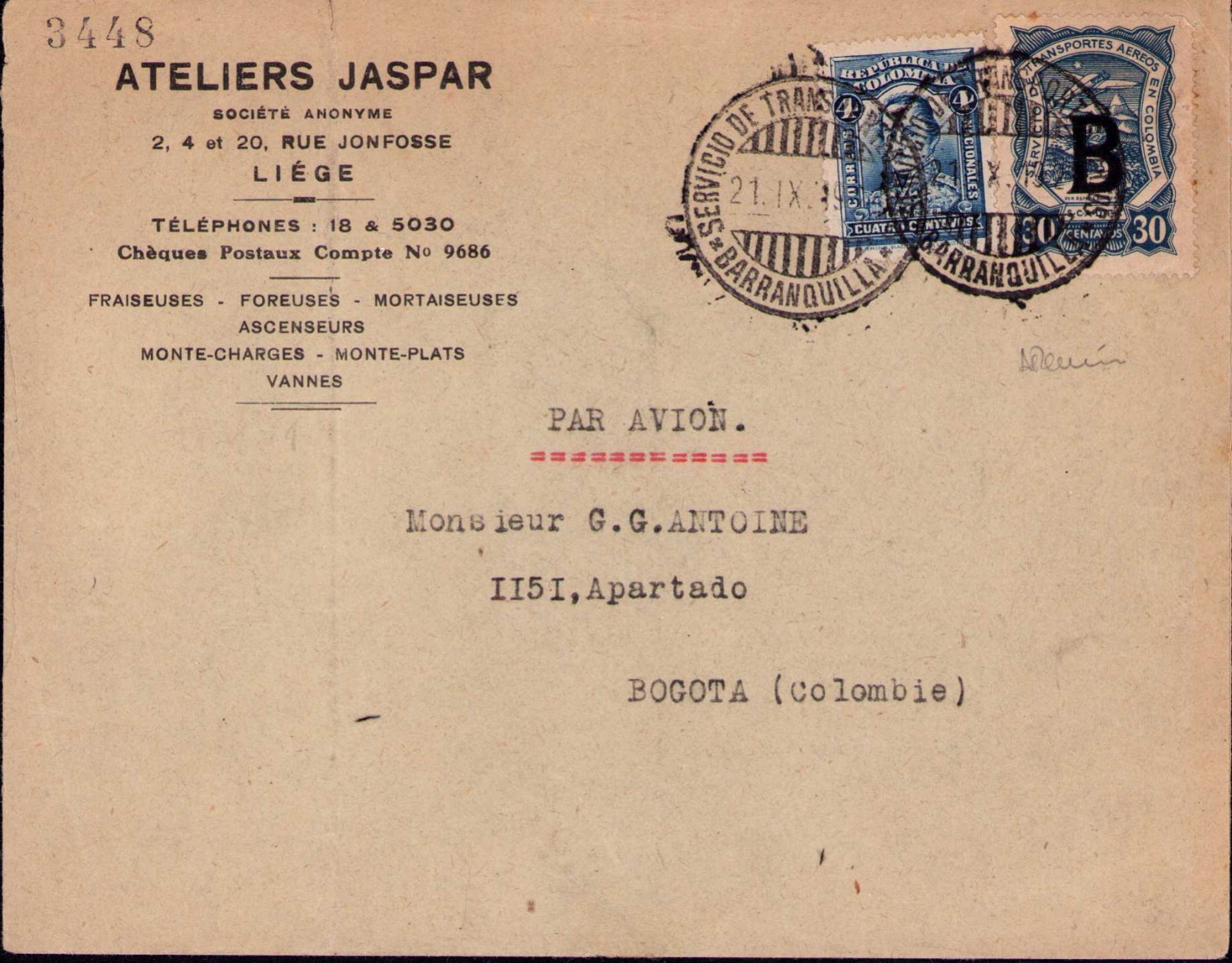 BELGIUM - COLOMBIA - SCADTA - 30c COVER - LIEGE to BOGOTA - 1929 RR