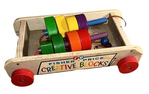Vtg 1960s Fisher Price #161 Creative Blocks Wagon Wooden Pull Toy