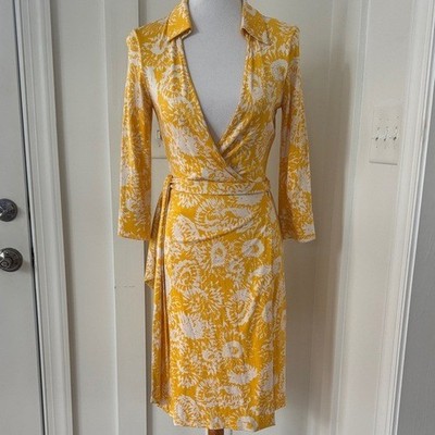 Diane Von Furstenberg Vintage Yellow White Silk Justin Wrap Dress Size 6 |  eBay