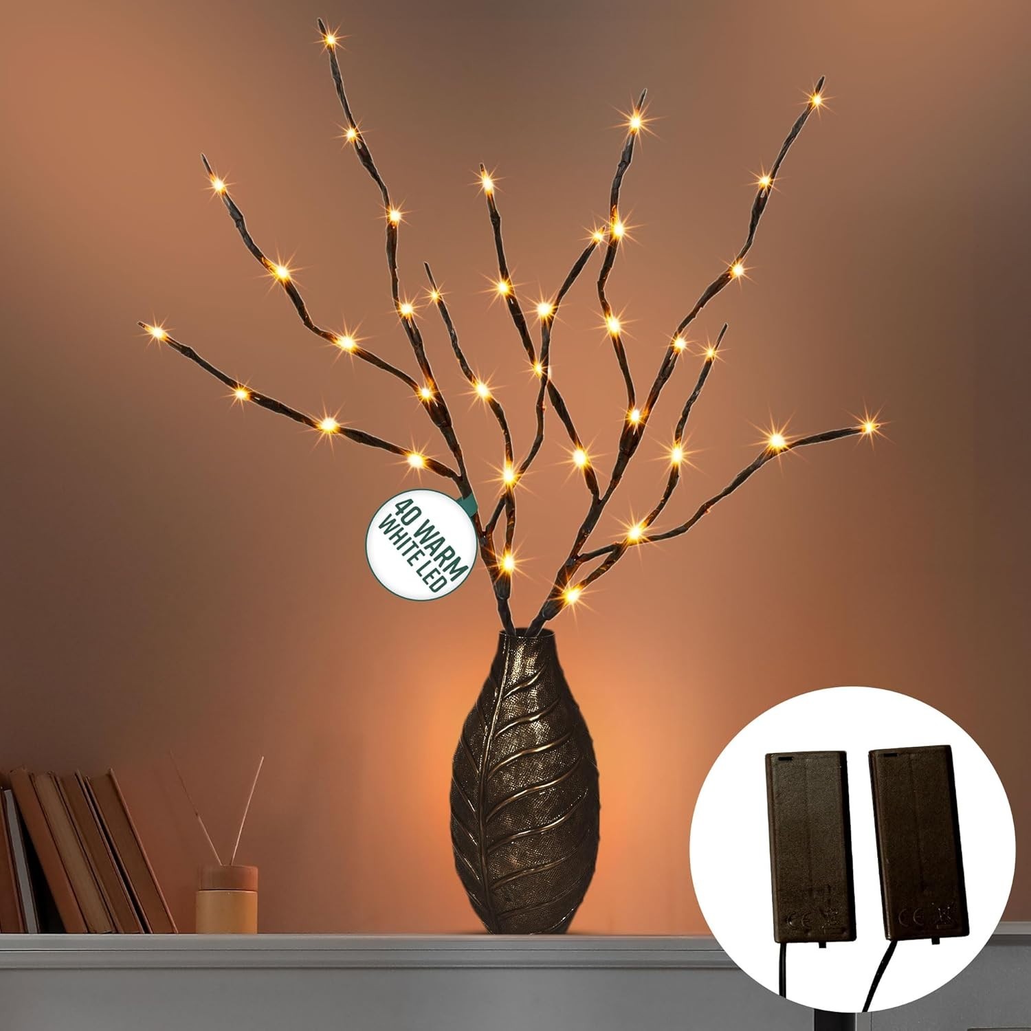 2 Pack LED Twig Branch Lights Warm White Willow Branches Battery Powered 20 LED