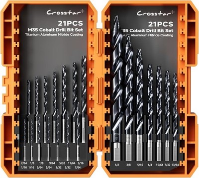 Crosstar Cobalt Stepped Point Drill Bit Set-21pcs 1/16''-1/2'' TiAlN Coated Step D