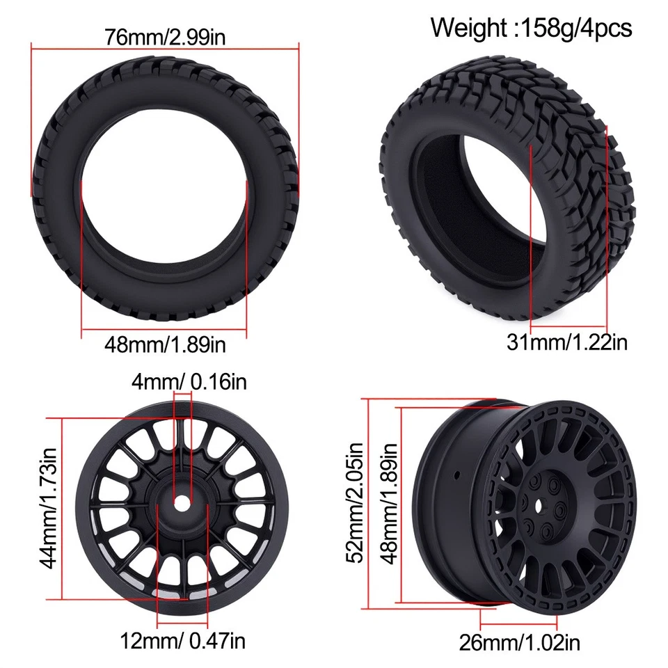 Wheels Rims Tires 12mm Hex Hub for Tamiya TT-02B DT-02 HPI HSP 1/10 RC Buggy Car - Image 3 of 4