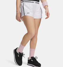 Under Armour Tech Play Up Shorts Girl's White Wordmark Elastic Waist DSGL1179