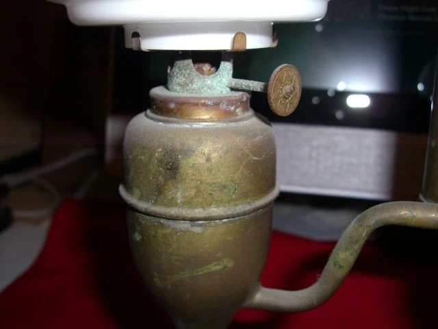 Rare Antique Vintage Brass Miniature Double Student Oil Lamp W/ Original Shades - Image 3 of 4