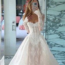 Elegant Wedding Dresses Lace Applique Long Sleeve A-Line Button Boho Bridal Gown