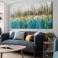Ardemy Teal Abstract Cityscape Canvas Wall Art Modern Skyline Gold Painting, ...