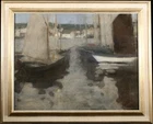 19th CENTURY LARGE FRENCH OIL CANVAS - BRITTANY PORT BY MOONLIGHT - SIGNED