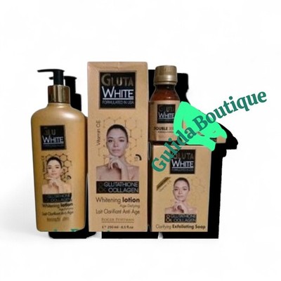 Gluta White Skin Brightening Set, Glutathione Collagen, Lotion Serum Soap